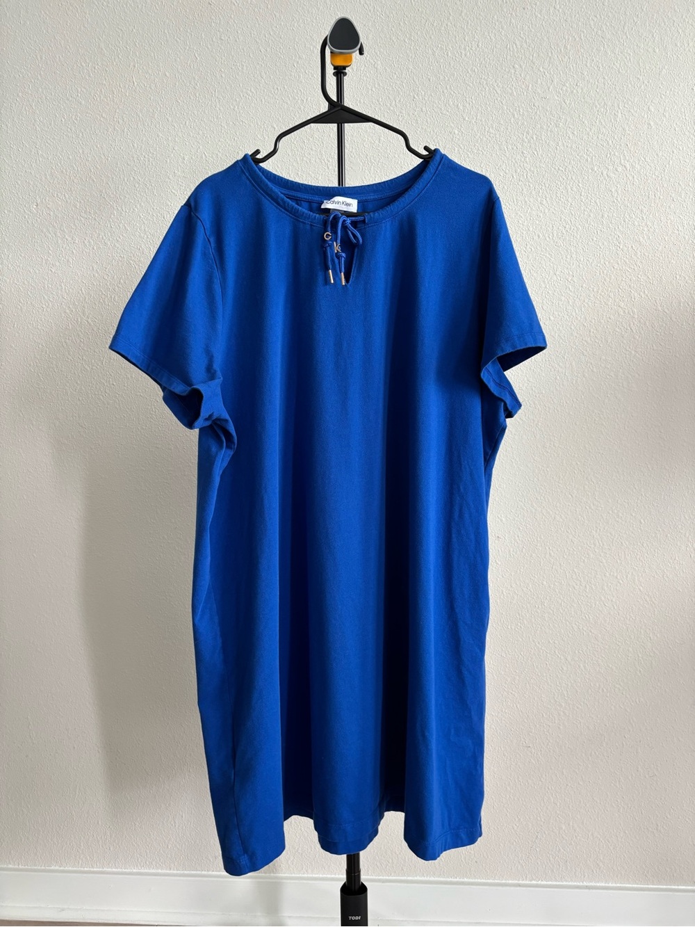 Calvin Klein T-Shirt Dress Blue Tie Neck CK Logo Cotton Stretch Size 2XL